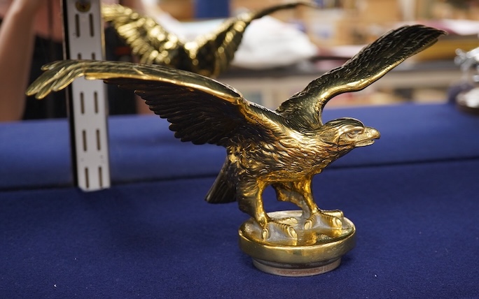 Two brass car mascots in the form of eagles, one mounted on a threaded radiator cap, the other mounted on a wooden base, the larger with a wingspan of 31cm. Condition - fair, one eagle with bent wing.